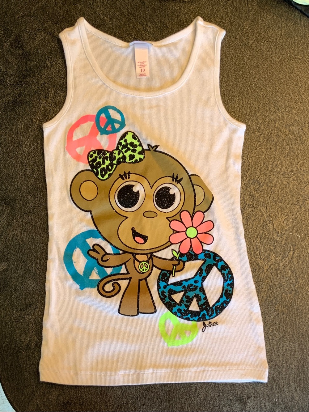 Justice White Tank Top with Colorful Monkey Graphic